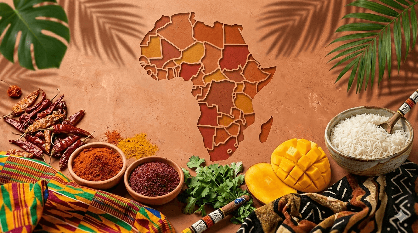 Épices, riz, mangue et textiles africains autour d'une carte de l'Afrique