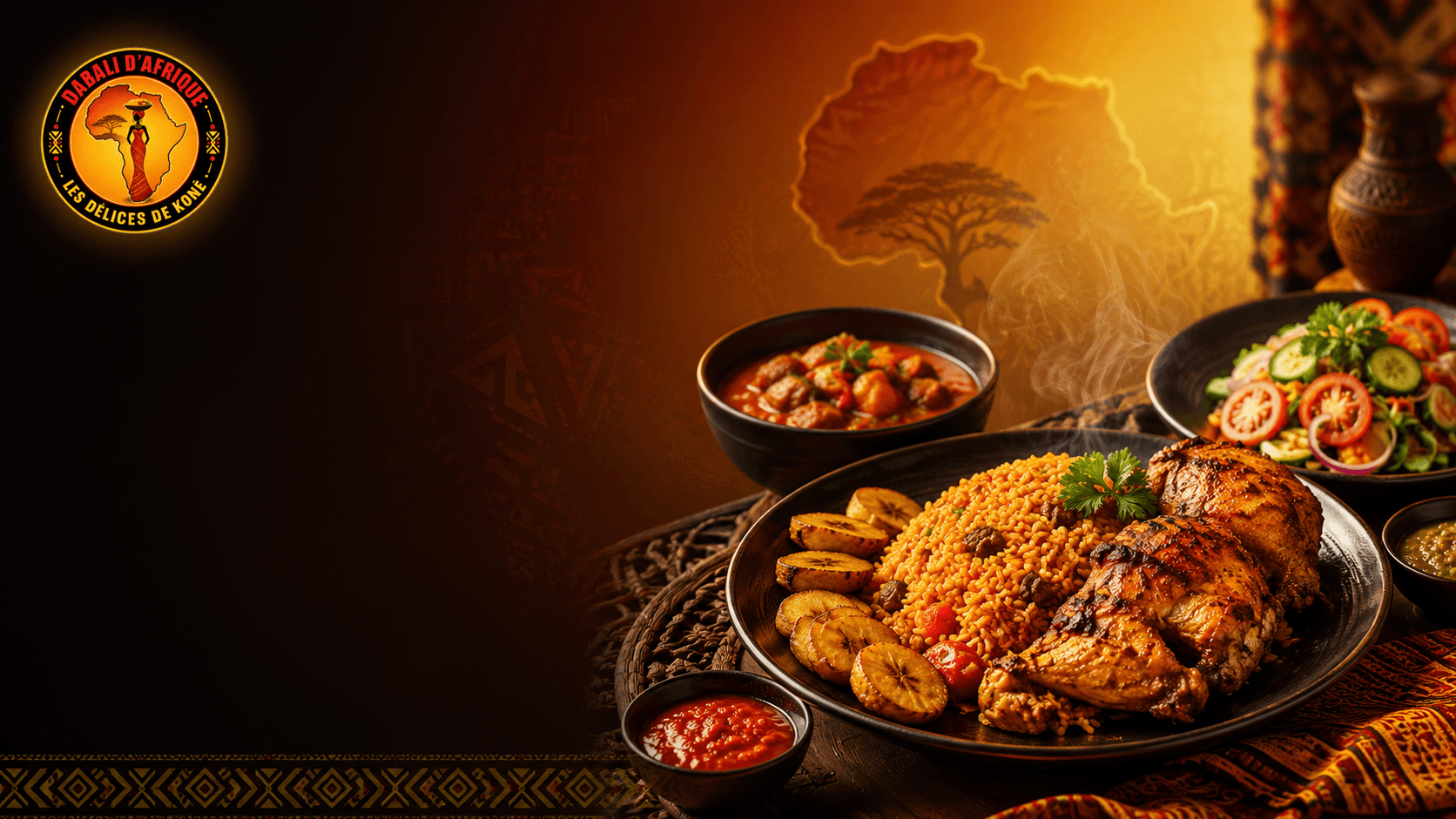 Assiette africaine généreuse avec riz, poulet grillé, plantains et sauces